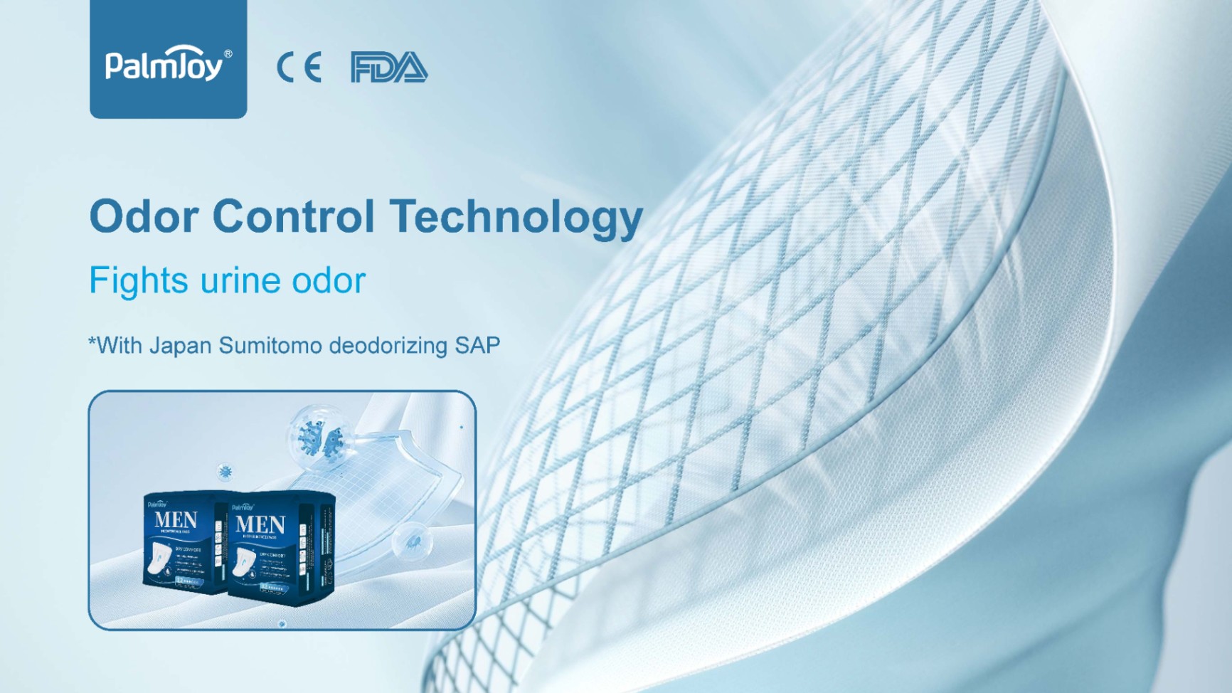 Palmjoy incontinence pads for men featuring odor control technology with Japan Sumitomo deodorizing SAP.