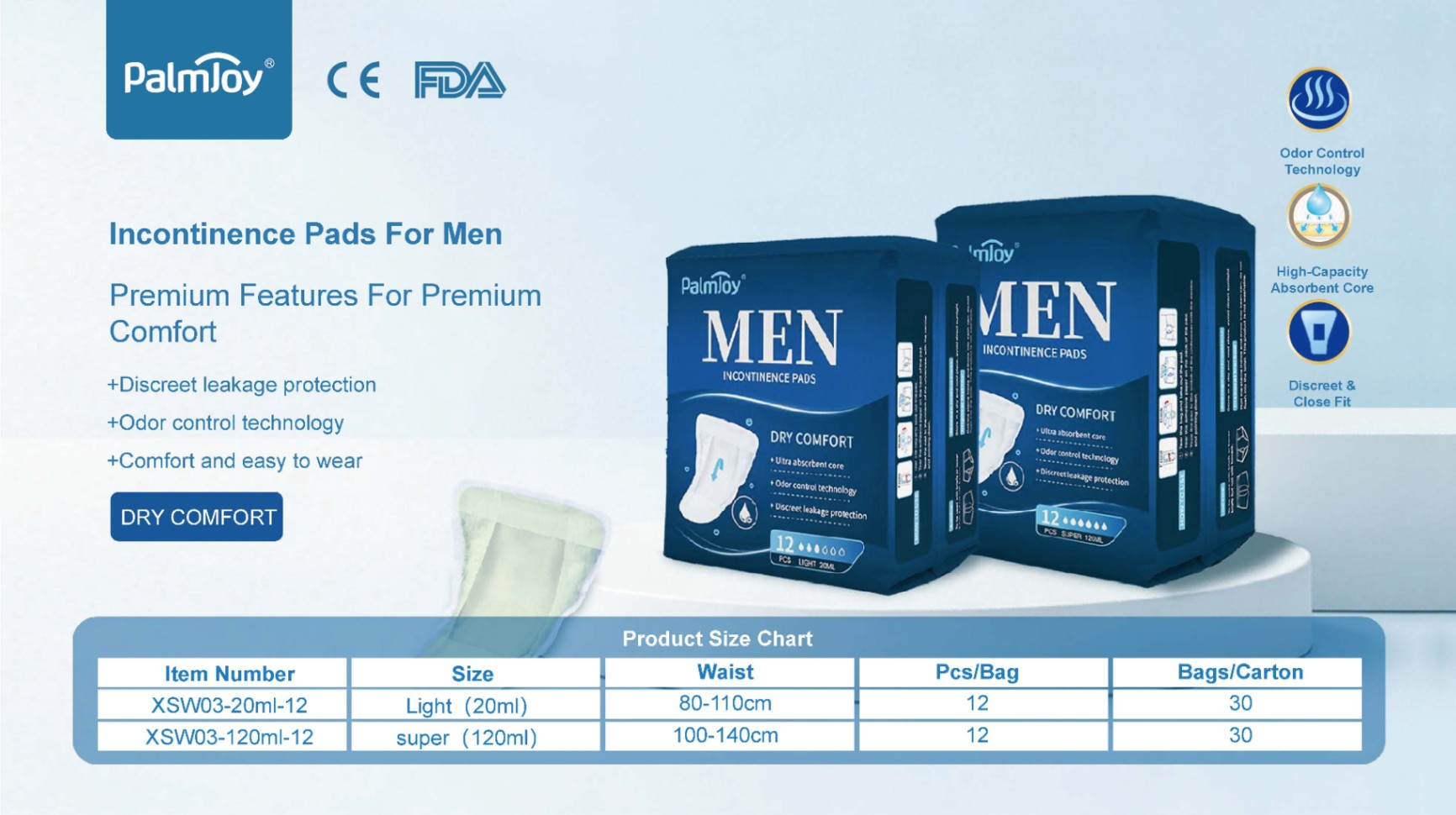 PalmJoy men's incontinence pads packaging and product size chart detailing specifications for light and super sizes.