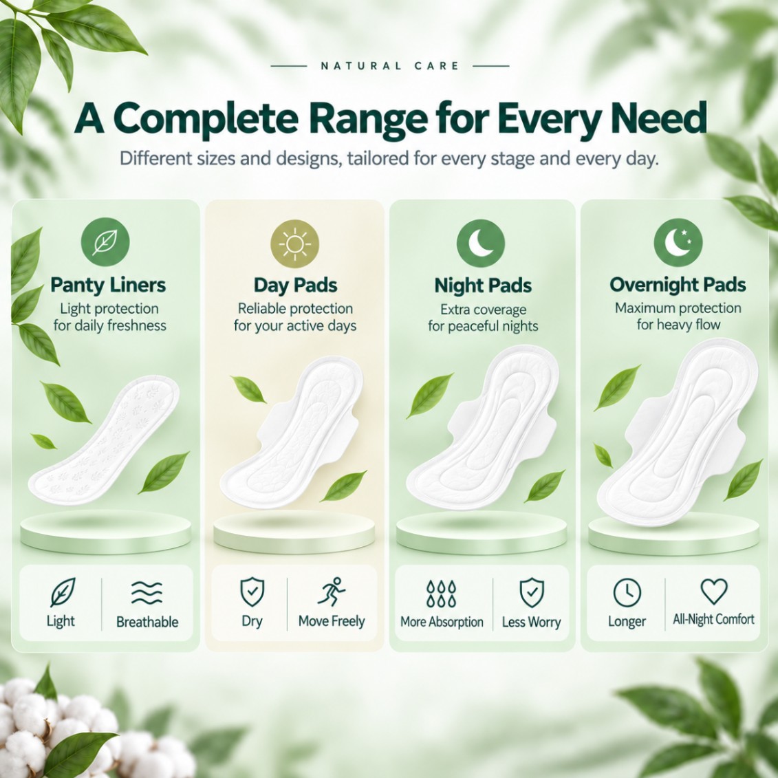 Comparison chart of four feminine hygiene products: Panty Liners, Day Pads, Night Pads, and Overnight Pads.
