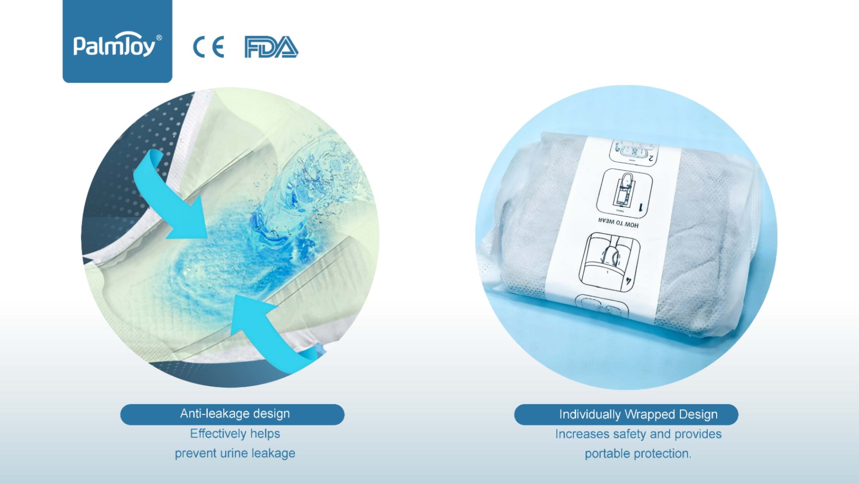 Diagram of diaper anti-leakage design with blue liquid and an individually wrapped diaper package.