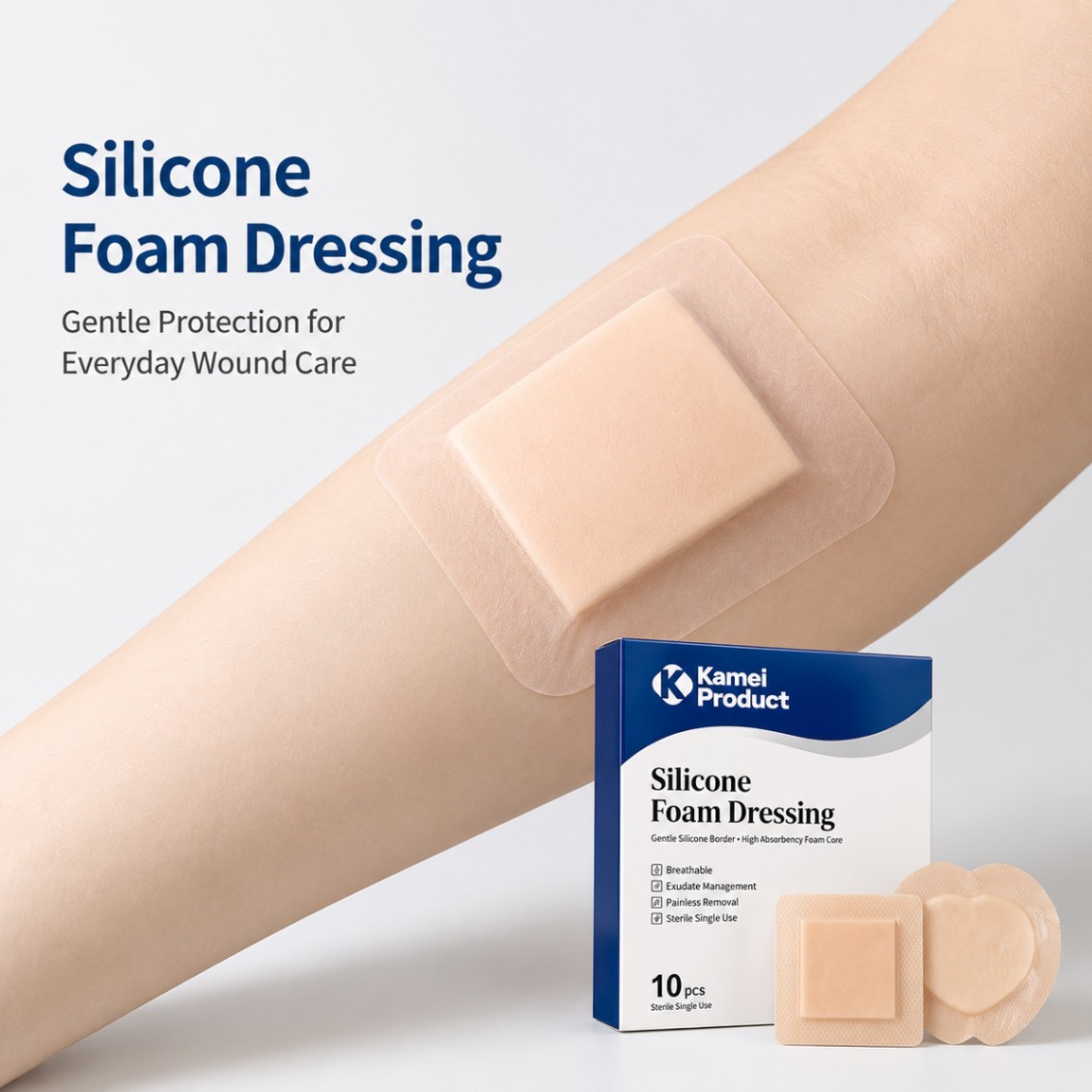 Silicone foam dressing applied to an arm, shown next to its Kamei Product packaging and individual bandages.