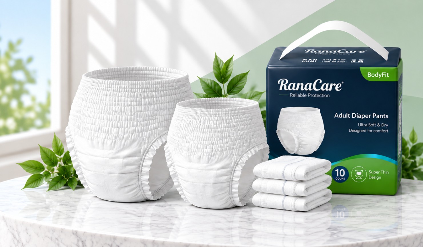 RanaCare adult diaper pants in two sizes, a folded stack, and retail packaging on a marble surface.