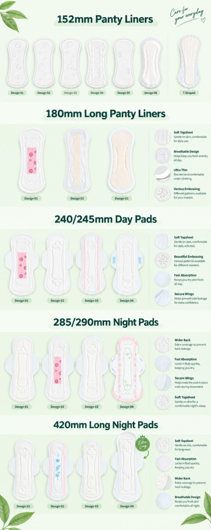Product catalog showing various sizes and designs of panty liners, day pads, and night pads with features.
