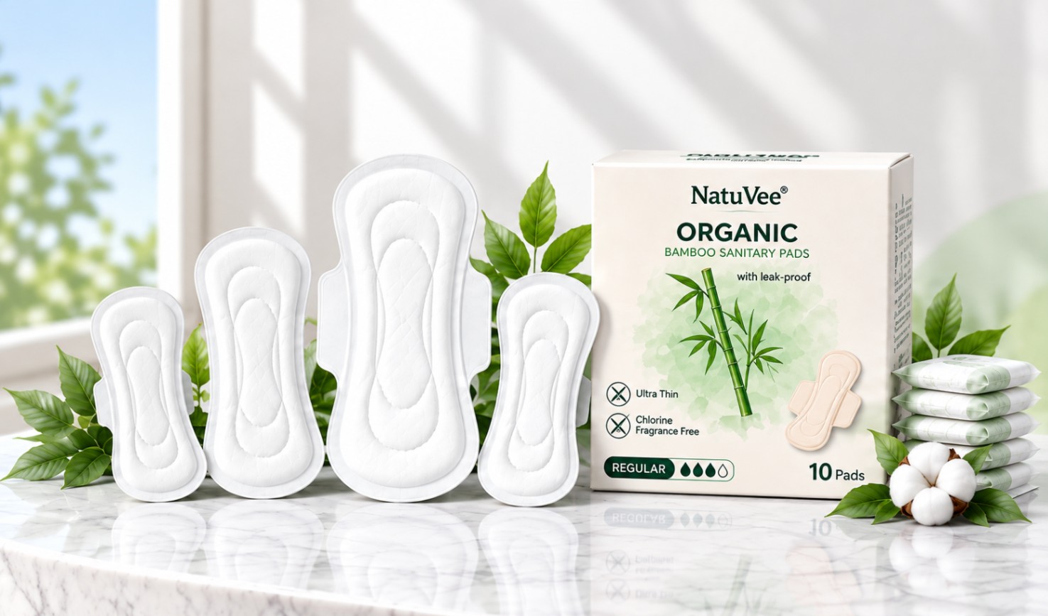 NatuVee organic bamboo sanitary pads in various sizes displayed next to their product packaging box.
