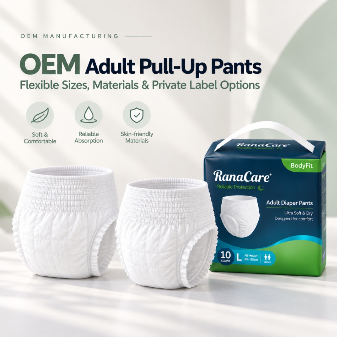 OEM adult pull-up diaper pants shown next to RanaCare retail packaging, highlighting private label manufacturing.