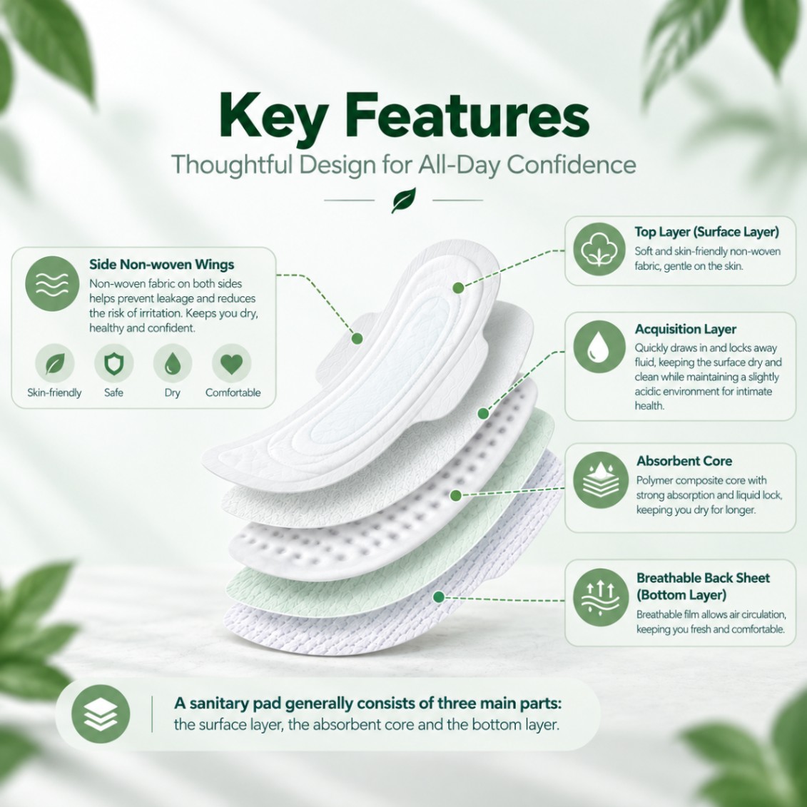 Diagram showing the layers of a sanitary pad, including the top layer, acquisition layer, core, and back sheet.