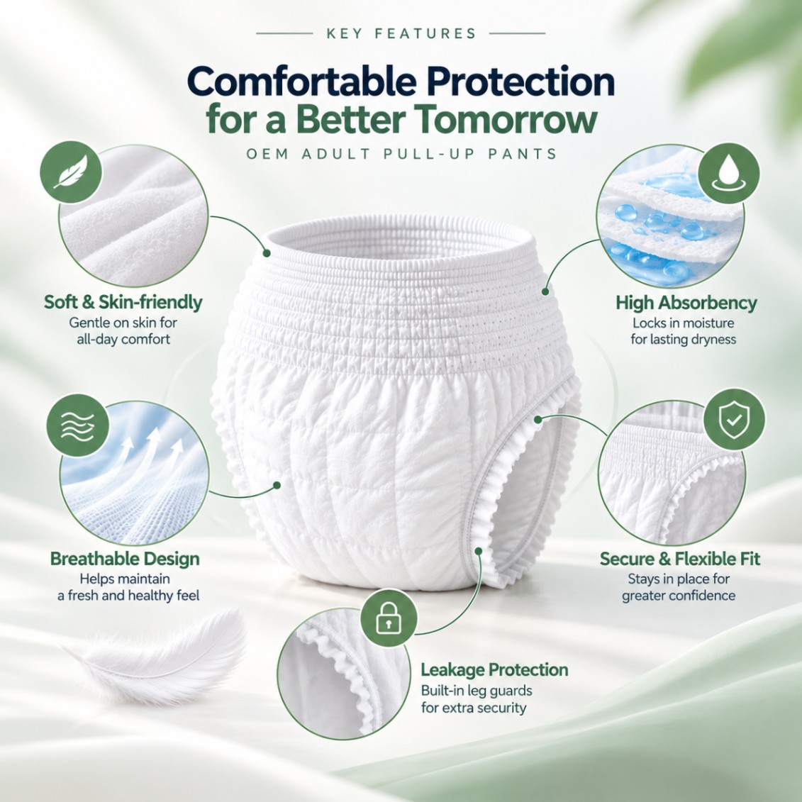 Infographic of OEM adult pull-up pants highlighting features like absorbency, breathability, and leakage protection.