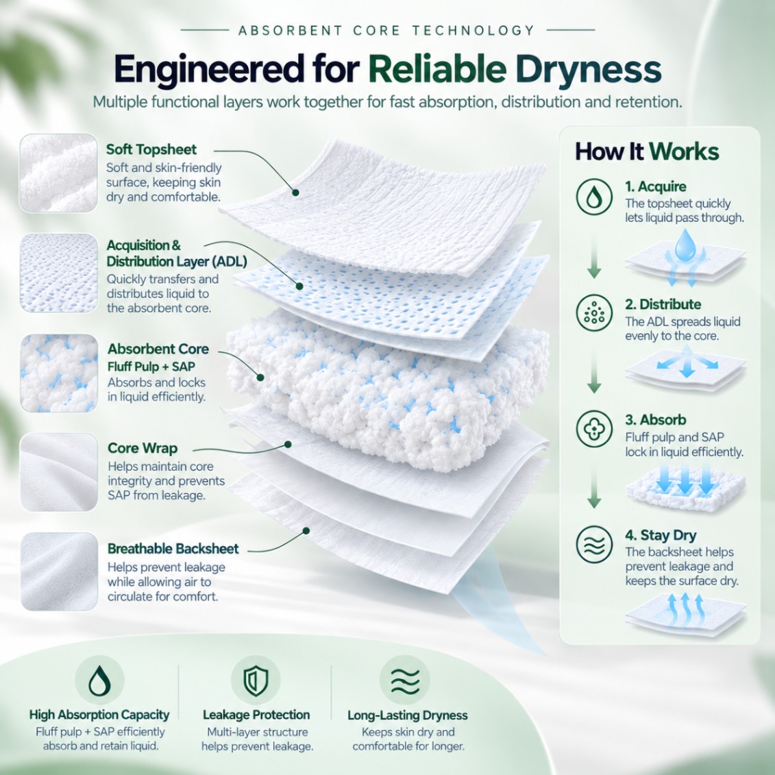 Diagram showing five functional layers of an absorbent core: topsheet, ADL, fluff pulp core, wrap, and backsheet.