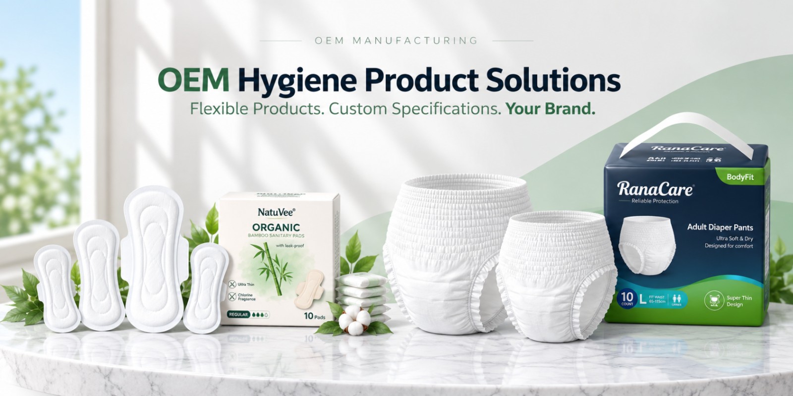 OEM hygiene products including organic bamboo sanitary pads and adult diaper pants displayed on a marble surface.