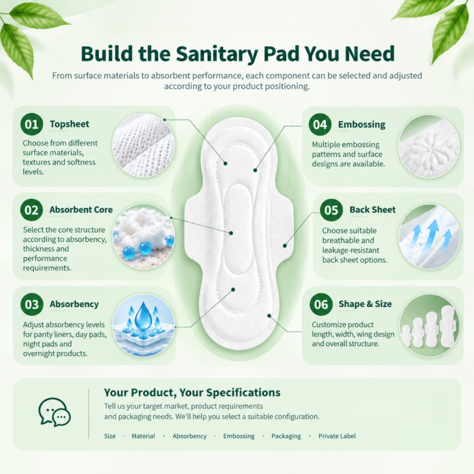 Infographic showing customizable sanitary pad components including topsheet, core, absorbency, embossing, and back sheet.