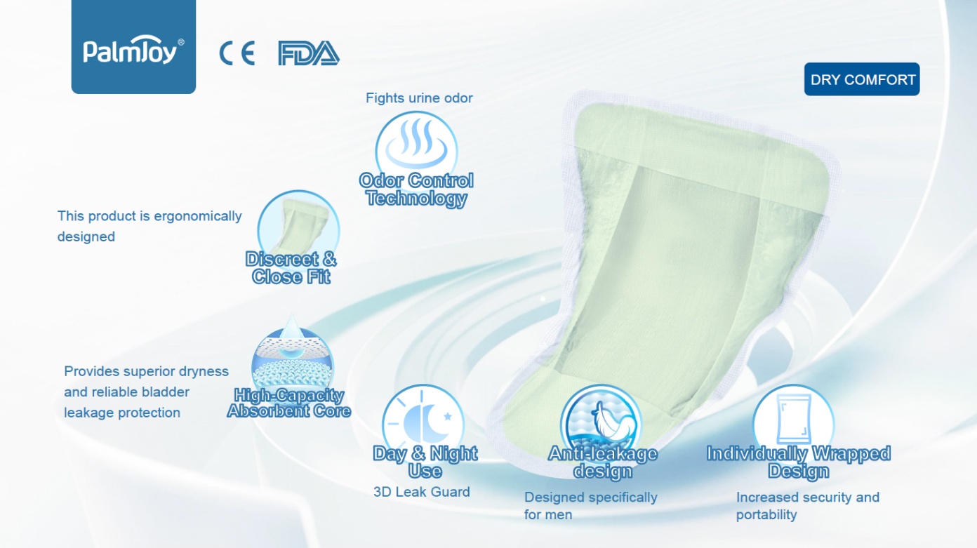 Palmjoy male incontinence guard with callouts highlighting odor control, discreet fit, and anti-leakage design.