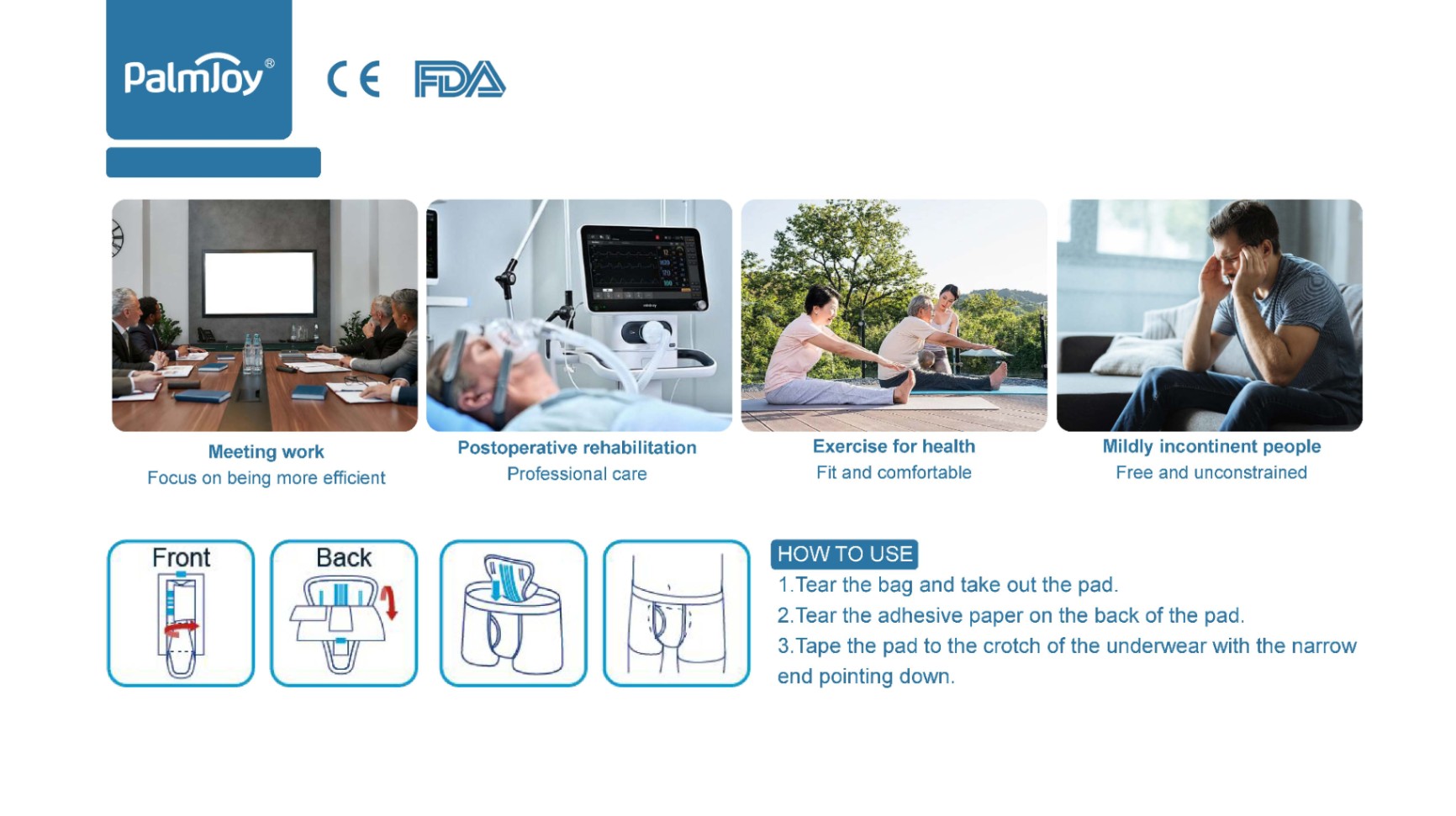 Brochure page showing product use cases and a four-step diagram on how to use an incontinence pad.